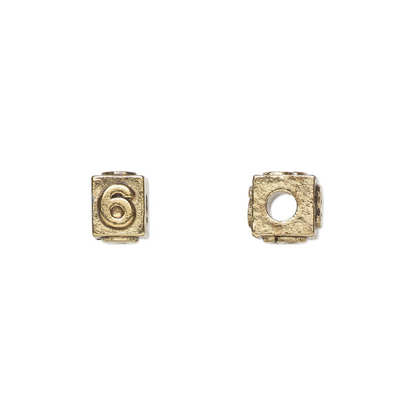 Bead, antique gold-plated pewter (tin-based alloy), 8x6mm rectangle with number "6." Sold per pkg of 4. image number 0