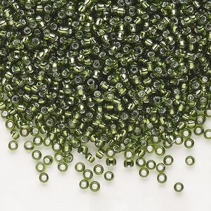 Seed bead, Dyna-Mites™, glass, pkg/40g, #11 round, transparent silver-lined olive green, (55:RR 11/0 RR).