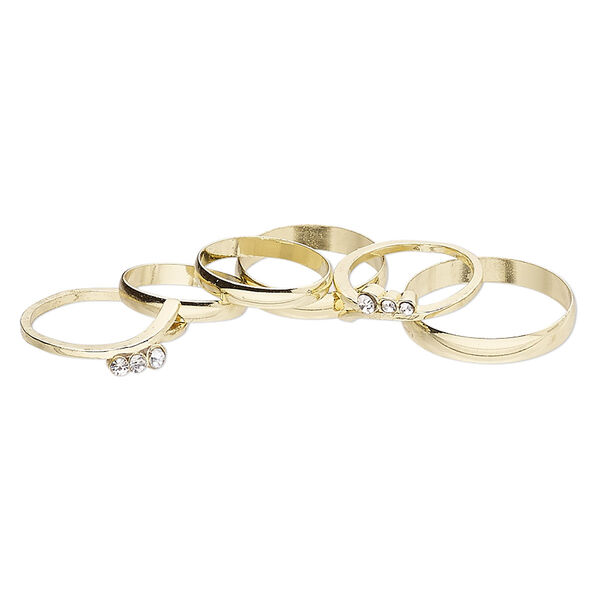 Ring mix, glass rhinestone and gold-finished brass, clear, 3mm / 4mm / 7-8mm wide, size 5 to 12-1/2. Sold per pkg of 6. image number 0