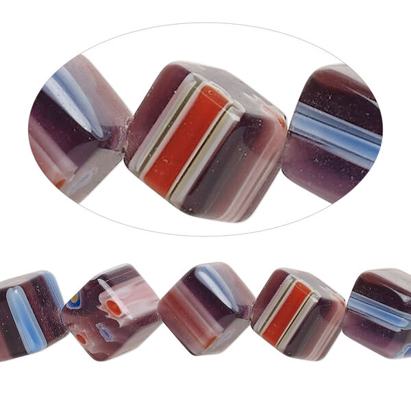 Bead, millefiori glass, opaque purple and multicolored, 10-12mm diagonally drilled cube with flower and stripe design. Sold per 14-inch strand. image number 0