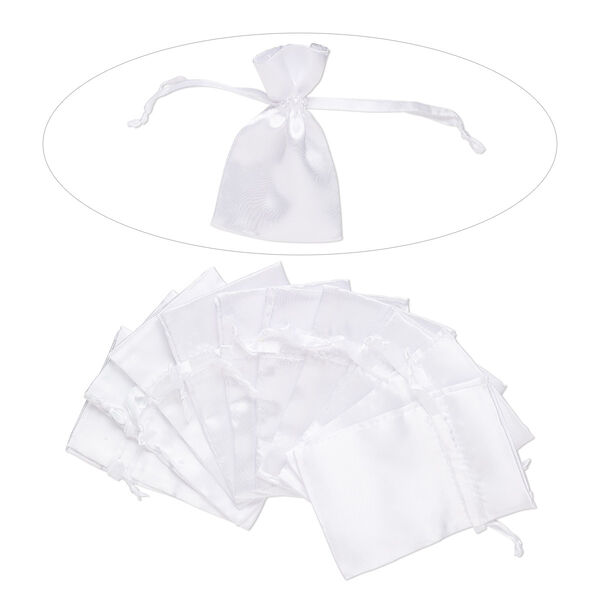Pouch, satin, white, 4-3/4 x 3-1/2 inches with drawstring closure. Sold per pkg of 10. image number 0