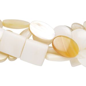 Bead mix, mother-of-pearl shell and gold lip shell (natural / bleached), 7x3mm-14x12mm center- and lentil-drilled mixed shapes, 3-1/2 Mohs hardness. Sold per pkg of (5) 14-16 inch strands.