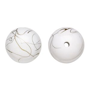 Bead, acrylic, white and gold, 26mm round with swirls. Sold per pkg of 10.