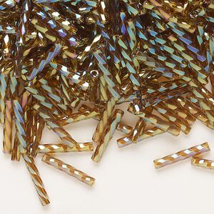 Bugle bead, Dyna-Mites™, glass, translucent rainbow brown, 12mm twisted. Sold per 50-gram pkg.