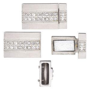 Clasp magnetic 1pkg1, 25x14mm rectangle / fits 11.5x3.5mm cord, stainless steel / clear rhinestone 1-strand