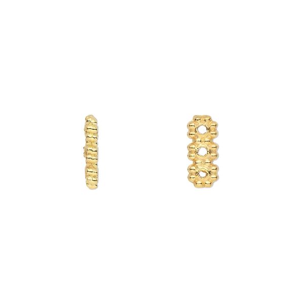 Spacer, gold-finished "pewter" (zinc-based alloy), 10x4mm 3-strand double-sided rectangle. Sold per pkg of 100. image number 0