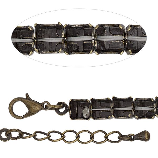 Bracelet component, antique brass-finished brass and steel, 6mm wide cupchain with (25) SS29 rivoli settings, 7 inches with 1-inch extender chain and lobster claw clasp. Sold individually. image number 0