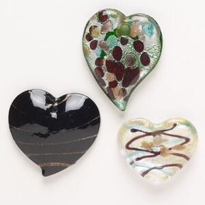 Random focal mix, lampworked glass, pkg/3, opaque mixed colors with silver-colored foil and copper-colored glitter, 38x32mm-56x51mm top-drilled heart.