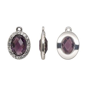 Drop, glass / glass rhinestone / imitation rhodium-finished "pewter" (zinc-based alloy), clear and transparent amethyst purple, 19x15.5mm single-sided oval. Sold per pkg of 2.