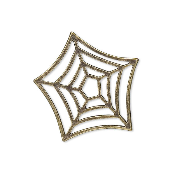 Drop, antique brass-plated "pewter" (zinc-based alloy), 29x26mm spider web. Sold per pkg of 10. image number 0