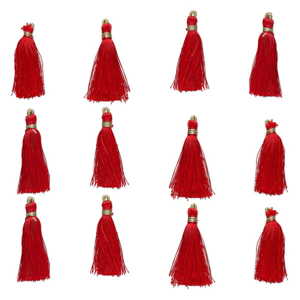 Tassel, silk (imitation) and gold-finished copper, red, 1-3/4 to 2 inches. Sold per pkg of 12. image number 0