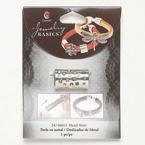 Slider bead 1pkg1, antique silver-finished brass and acrylic, multicolored, 24x14mm oval tube.