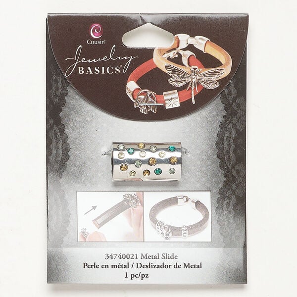 Slider bead 1pkg1, antique silver-finished brass and acrylic, multicolored, 24x14mm oval tube. image number 0
