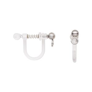 Earring clip-on 1pkg4, 11mm / 3mm ball / open loop / spring closure, stainless steel / acrylic clear 2 pair