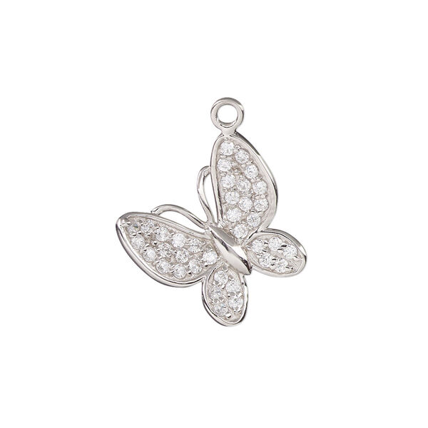 Charm, cubic zirconia and rhodium-plated sterling silver, clear, 20mm single-sided butterfly. Sold individually. image number 0