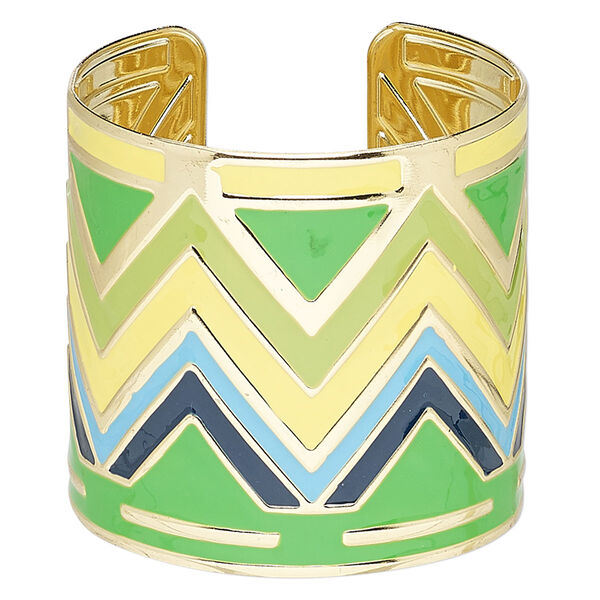 Bracelet, cuff, enamel and gold-finished steel, yellow / green / multicolored, 60mm wide with zigzag design, adjustable from 6-1/2 to 7 inches. Sold individually. image number 0