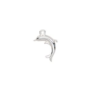 Charm 1pk1 brass, 15x9mm dolphin, silver plate