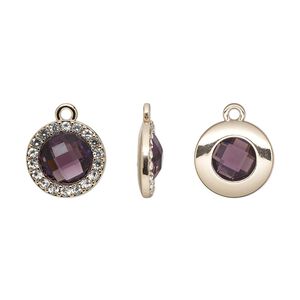 Drop, glass / glass rhinestone / gold-finished "pewter" (zinc-based alloy), clear and transparent amethyst purple, 15.5mm single-sided round. Sold per pkg of 2.