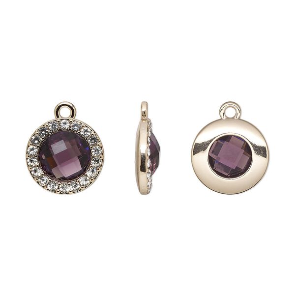 Drop, glass / glass rhinestone / gold-finished "pewter" (zinc-based alloy), clear and transparent amethyst purple, 15.5mm single-sided round. Sold per pkg of 2. image number 0