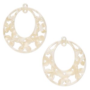 Focal, resin, tan, 40x38mm oval go-go with flowers and loop. Sold per pkg of 2.