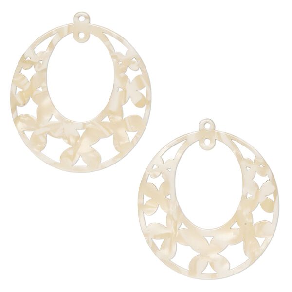 Focal, resin, tan, 40x38mm oval go-go with flowers and loop. Sold per pkg of 2. image number 0