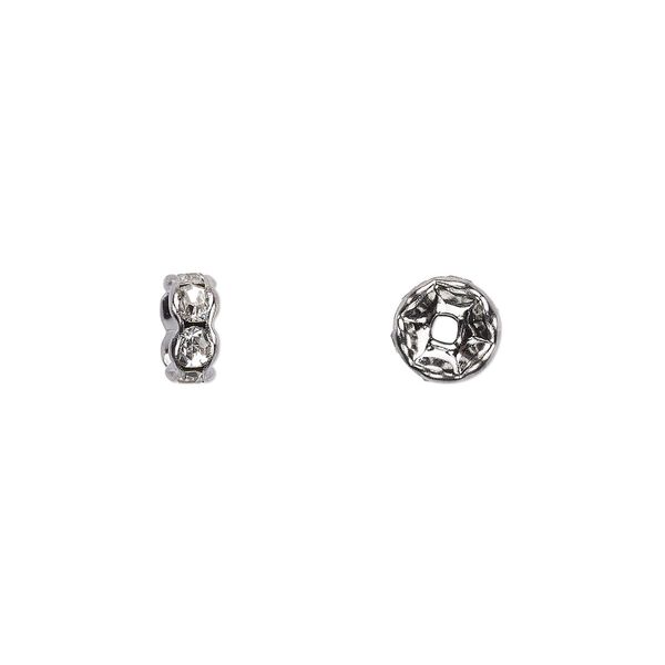 Bead, glass rhinestone and gunmetal-plated brass, clear, 6x3mm rondelle. Sold per pkg of 10. image number 0