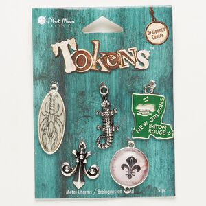 Focal / link / charm mix, enamel / resin / antique silver-finished "pewter" (zinc-based alloy), 20mm-32x14mm assorted Louisiana designs. Sold per pkg of 5.