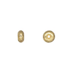 Bead, TierraCast®, "Hammertone" collection, gold-plated pewter (tin-based alloy), 7x4mm hammered rondelle. Sold per pkg of 4.