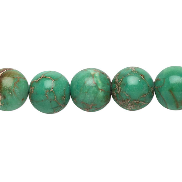 Bead, magnesite (dyed / stabilized), turquoise green, 10mm round, B grade, Mohs hardness 3-1/2 to 4. Sold per 15-1/2" to 16" strand. image number 0
