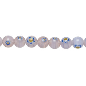Bead, millefiori glass 1pkg1, translucent light purple / blue / golden yellow, 6mm round, 15 inches.
