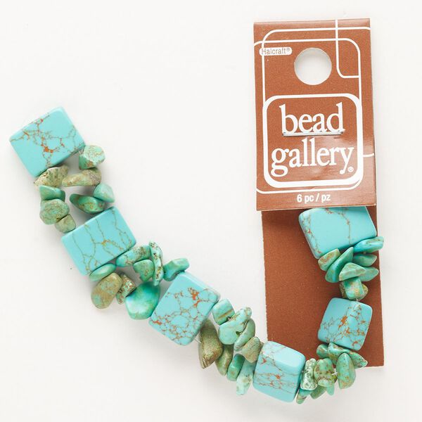 Bead, "howlite" (resin) (imitation), pkg/5 inches, turquoise blue, 14x10mm flat rectangle and mini-to-medium chip. image number 0