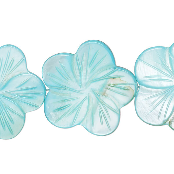 Bead, mother-of-pearl shell (dyed), aqua blue, 24x23mm-26x25mm carved flat flower with 0.6-0.8mm hole, Mohs hardness 3-1/2. Sold per 15-inch strand. image number 0