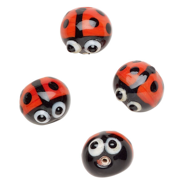 Bead, lampworked glass 1pkg4, opaque red / white / black, 16x13mm lady bug. image number 0