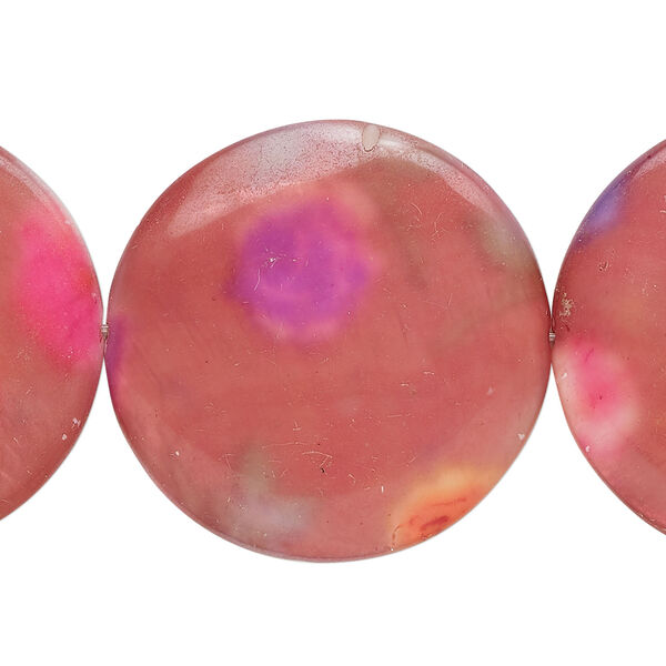 Mother-of-pearl shell 1pkg1, puffed flat round bead 14 inch pink / brown / purple 28-30mm image number 0