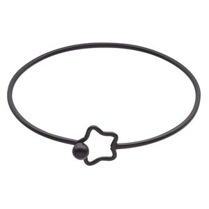 Bracelet, bangle, black-finished brass, 2mm wide, 7-1/2 inches with 16mm open star and hook closure. Sold individually.