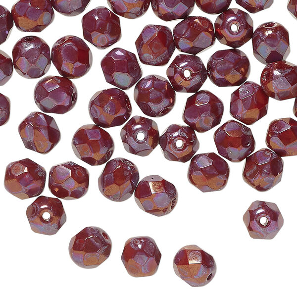 Bead, Czech fire-polished glass 1pkg60, opaque red nebula, 6mm   faceted round. image number 0