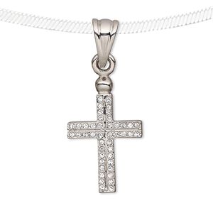 Pendant, Preciosa Czech glass rhinestone and silver plate pewter (tin-based alloy), clear, 24x16mm cross. Sold individually.