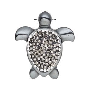Hemalyke&trade; / brass / glass rhinestone 1pkg1, silver-finished top-drilled 1-sided turtle focal 33x29mm