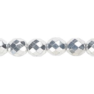 Bead, Czech fire-polished glass, metallic silver, 10mm faceted round. Sold per pkg of 600 (1/2 mass).