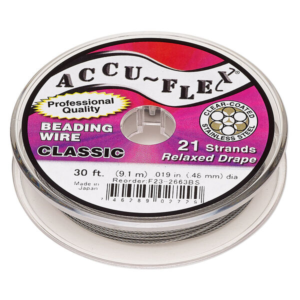 Beading wire, Accu-Flex®, nylon and stainless steel, clear, 21 strand, 0.019-inch diameter. Sold per 30-foot spool. image number 0