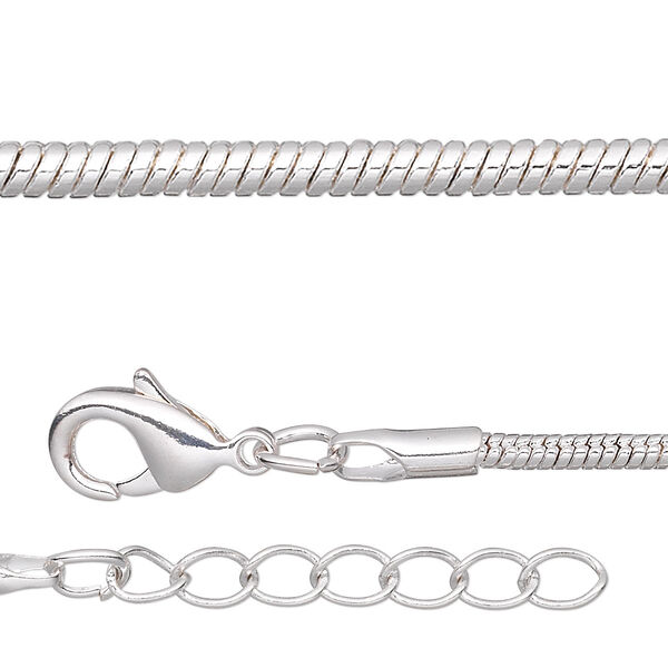 Chain, silver-plated brass, 2mm snake, 16 inches with 1-inch extender chain and lobster claw clasp. Sold per pkg of 4. image number 0