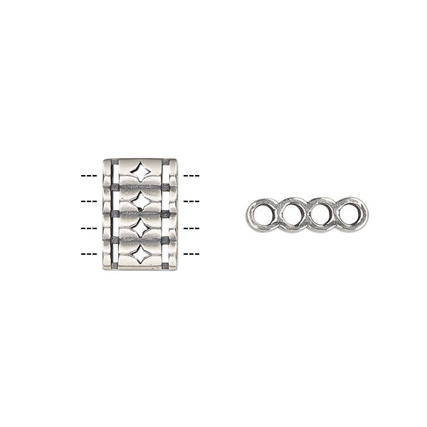 Spacer, antique silver-plated brass, 12.5x8.5mm double-sided 4-strand quadruple round tube with diamond cutout design, fits up to 2mm bead. Sold individually. image number 0