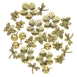 Bead and charm, antique gold-finished "pewter" (zinc-based alloy), 9x9mm-23x23mm assorted single- and double-sided insect and flower. Sold per pkg of 25.