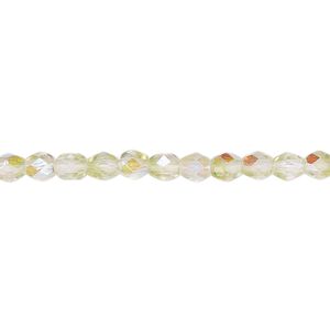 Bead, Czech fire-polished glass, two-tone, crystal/peridot green AB, 4mm faceted round. Sold per 15-1/2" to 16" strand.