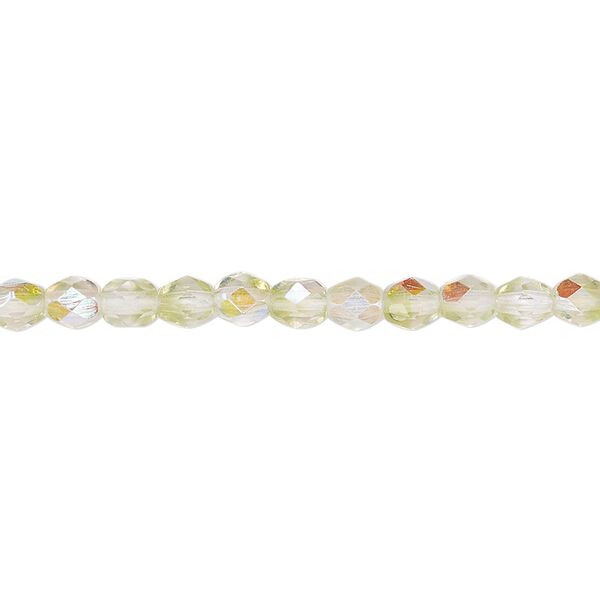Bead, Czech fire-polished glass, two-tone, crystal/peridot green AB, 4mm faceted round. Sold per 15-1/2" to 16" strand. image number 0
