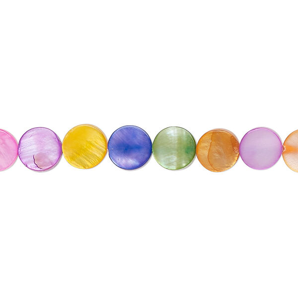 Bead, freshwater pearl shell (dyed), mixed colors, 6mm flat round, Mohs hardness 3-1/2. Sold per 15-1/2" to 16" strand. image number 0