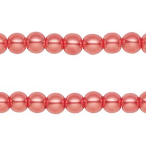 Bead, glass pearl, red-orange, 5-6mm round. Sold per pkg of (2) 15-inch strands, approximately 140 beads.