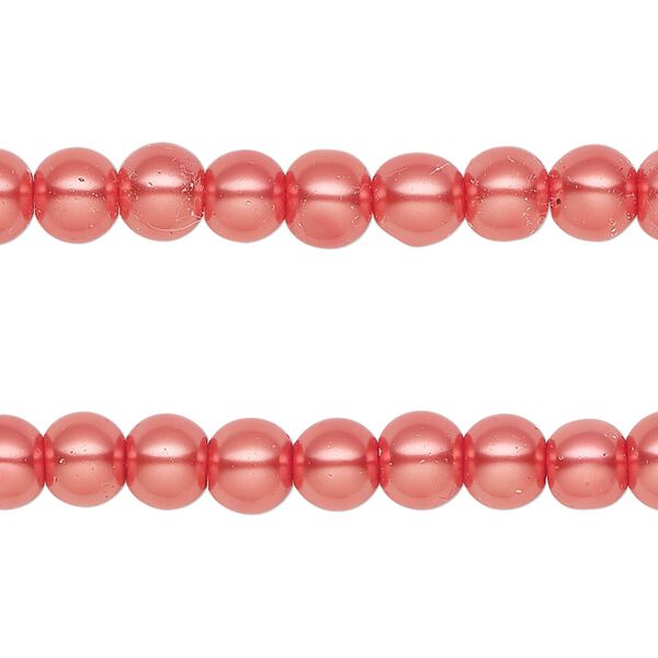 Bead, glass pearl, red-orange, 5-6mm round. Sold per pkg of (2) 15-inch strands, approximately 140 beads. image number 0