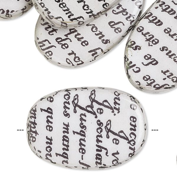 Bead, wood / newspaper / acrylic, white and black, 30x20mm double-sided flat oval with phrase in French. Sold per pkg of 8. image number 0