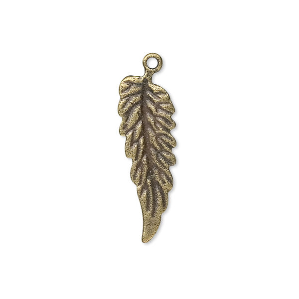 Charm, antique brass-plated "pewter" (zinc-based alloy), 24x9mm single-sided leaf. Sold per pkg of 10. image number 0